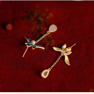 Sterling <b>Silver</b> Hetian Jade Lotus Earrings Women's High-end Retro Fashion Niche Temperament Light Luxury Earrings Earrings - Product Image 5