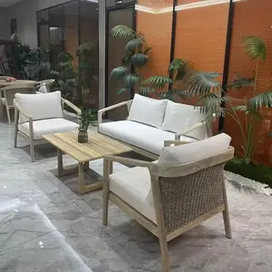 새로운 현대 사용자 정의 티크 정원 파티오 소파 세트 야외 식사 나무 짠 로프 테이블 의자