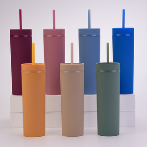 customized skinny tumbler in bulk acrylic matte double wall plastic tumbler cup with straw 16oz plastic water bottle