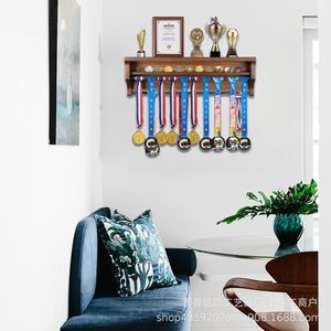 Wooden Medal Display Rack <b>Wall</b> <b>Mounted</b> Double Layer Trophy Certificate Holder Brown Black Rectangle 3 Floors - Product Image 4