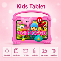 Tablette PC Android 12 pour enfants, 7 pouces, avec étui en silicone, WiFi, double caméra, 3000 mAh, écran IPS 1024x600, 4 Go + 32 Go, processeur Quad Core