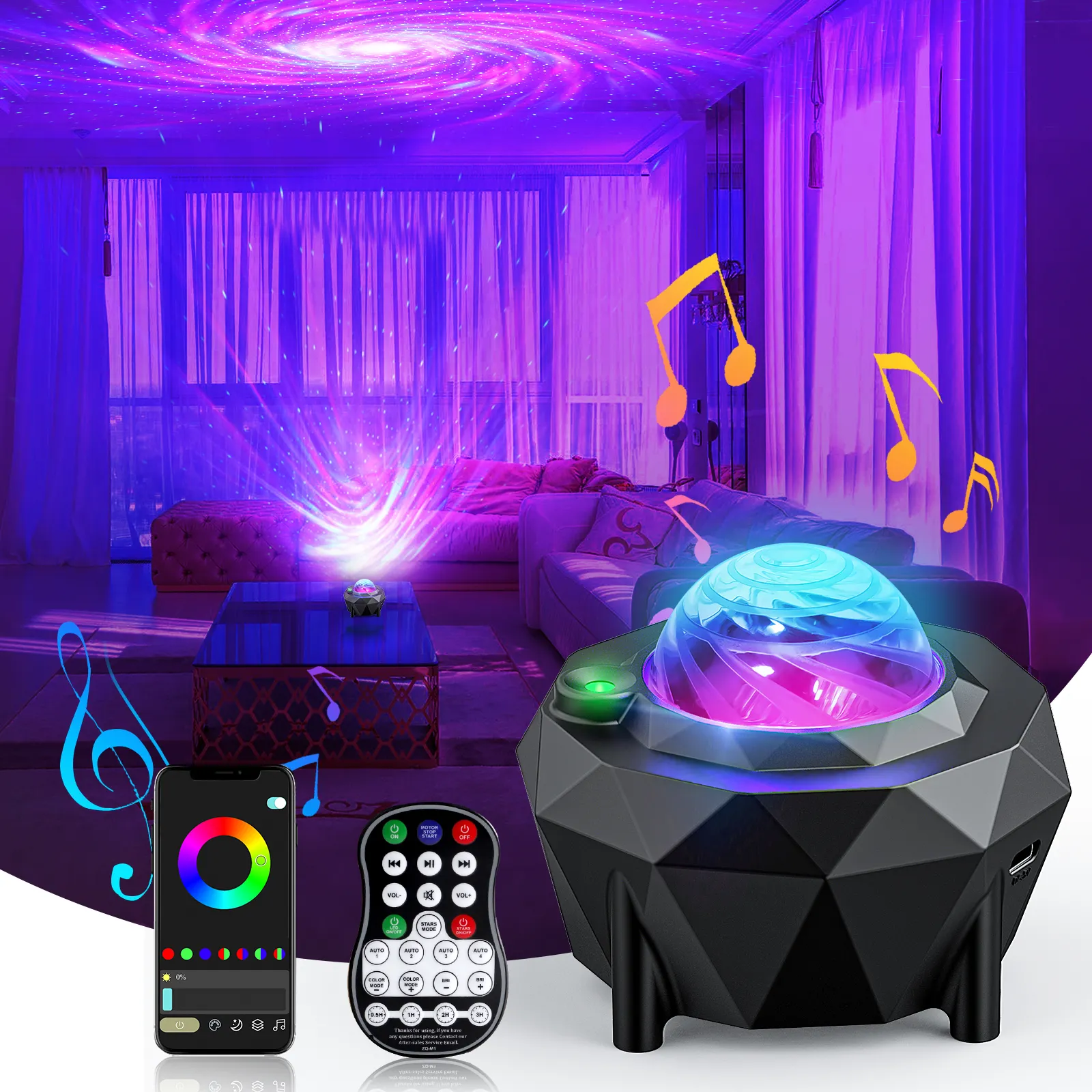 Proyektor Bintang LED USB RGB, lampu malam proyektor gelombang laut untuk kamar tidur langit dengan Speaker musik dan Remote kontrol Laser hijau