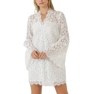 女性のための卸売高品質カジュアルプラスサイズレディースファッション長袖ルーズレースホワイトショートドレス