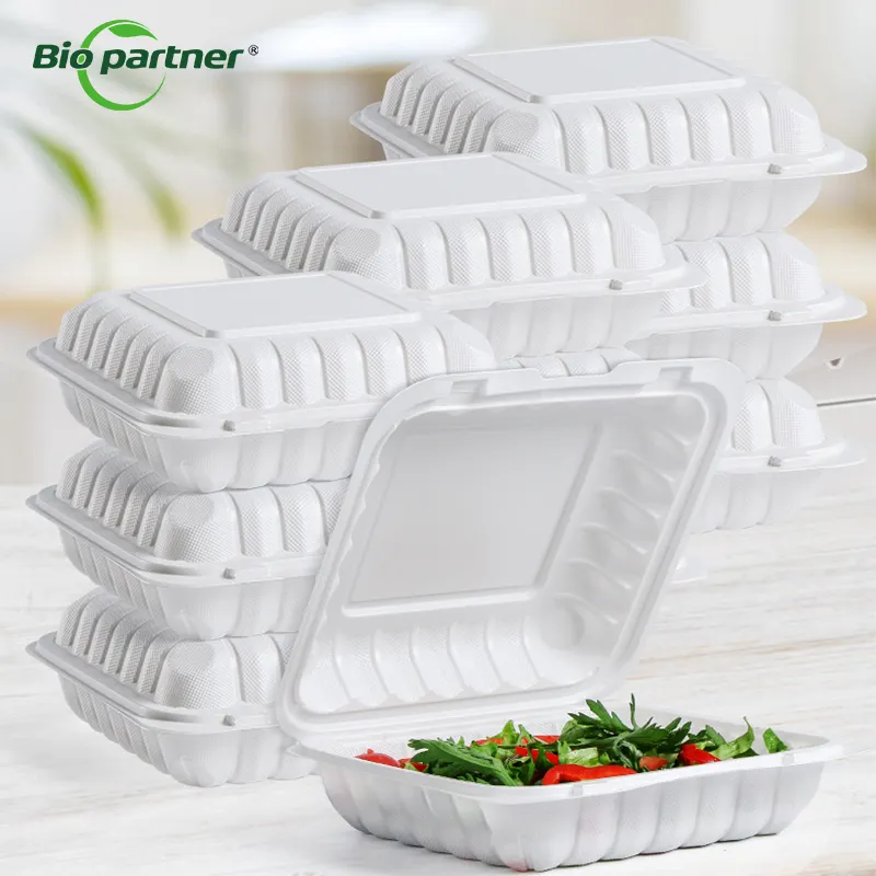 Caja de comida plegable con bisagras MFPP de 3 compartimentos, caja Bento de comida desechable para llevar, contenedor de comida de plástico MFPP