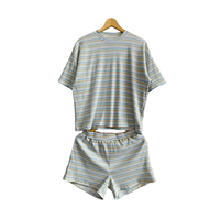 Ensemble côtelé rayé pour femme : Haut ample à manches courtes et col rond & Short à taille élastique – Tenue décontractée 2 pièces en coton doux et respirant