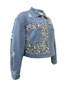 Abrigo vaquero de moda para mujer con estampado de leopardo, patchwork, manga larga, solapa rasgada y botonadura sencilla - Product Image 5
