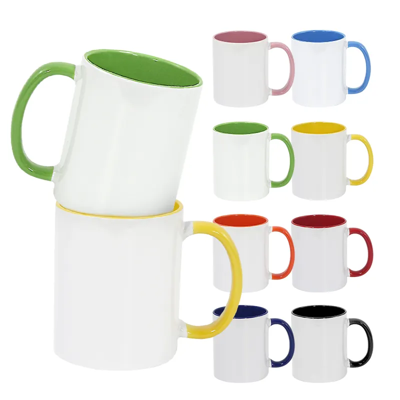 Vente en gros impression vierge 11oz sublimation poignée jante café coloré couleur intérieure couleur poignée céramique sublimation fournisseur de tasse