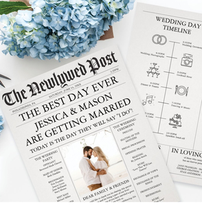 طباعة بطاقات دعوة زفاف على شكل صحف شعبية مع صور وجدول زمني وتصميم ورقي - Product Image 3