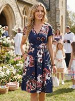 Robe d'été décontractée florale OUGES pour femme, lavable, col en V, coupe trapèze, longueur midi, avec poches, manches courtes, 95% polyester, 5% élasthanne