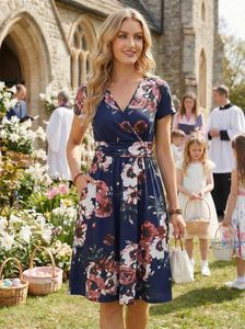 OUGES Abito Estivo Floreale Casual da Donna Lavabile con Scollo a V e Tasche, Modello A-Line <span class=keywords><strong>Midi</strong></span> a Maniche Corte, 95% Poliestere 5% Spandex - Product Image 2