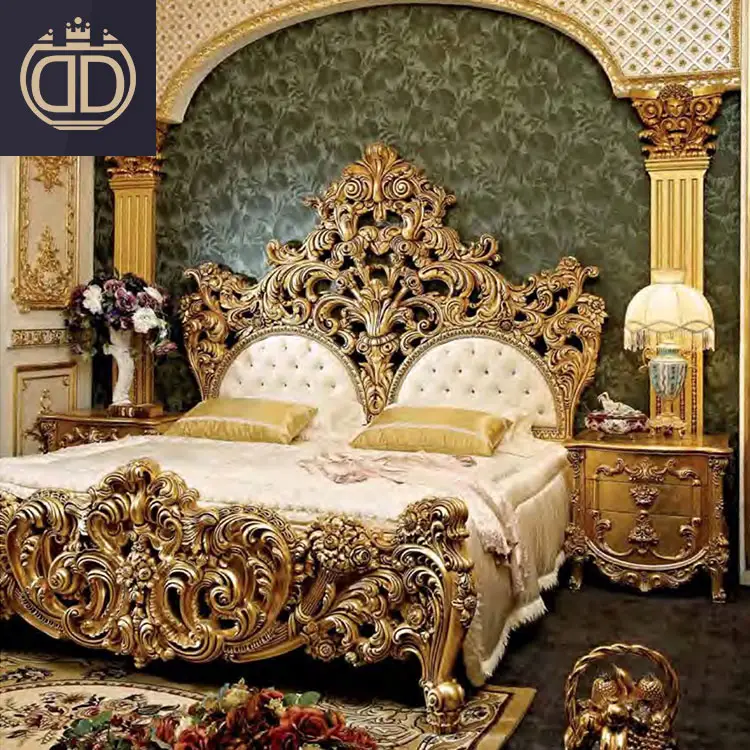 Slaapkamer Meubels Woodbeds King Size Classic Nieuwste Ontwerpen Luxe Gouden Antieke Bedden