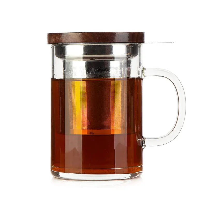 Modern Shape Glass Teacup Heat Resistant Glass Cup Stainless Steel Tea Infuser Mug for Loose Leaf Tea with Walnut wood Lid