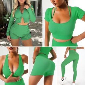 ชุด Activewear ไร้ตะเข็บสำหรับผู้หญิง,ชุดเสื้อออกกำลังกายคุณภาพสูง + กางเกงเลกกิ้งกางเกงขาสั้นสำหรับใส่เล่นโยคะขนาด2/3/4/5ชิ้น - Product Image 3