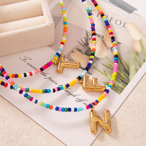 Collar con Letras <span class=keywords><strong>de</strong></span> Burbuja con Cuentas Coloridas, Colgante <span class=keywords><strong>de</strong></span> Acero Inoxidable con Iniciales, 26 Letras, Joyería Boho <span class=keywords><strong>de</strong></span> Playa para el Verano, para Mujer - Product Image 2