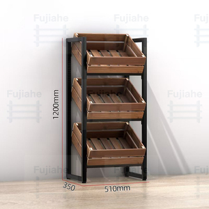 Expositor de madera plegable de 2 niveles con contenedores de listones, estructura metálica, de pie, resistente, para frutas, verduras y vinos. - Product Image 2