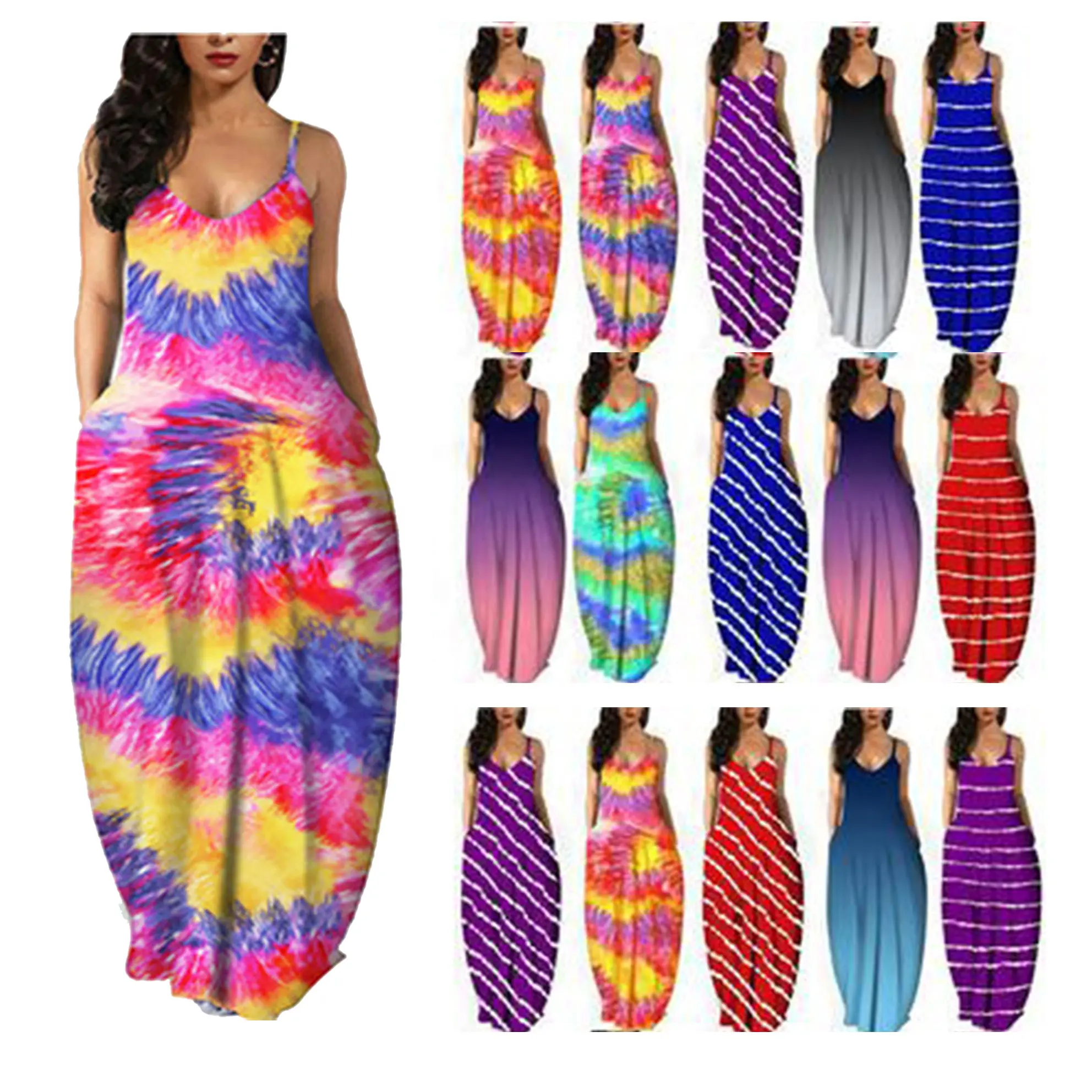 2021 summer loose size breathable casual Beach Women's tie dye gradient diagonal stripe printed deep V-belt dress