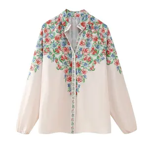 TAOP & ZA printemps décontracté imprimé chemise à manches longues pour femmes 2024 col montant floral en forme de V fleur couture haut blanc 100