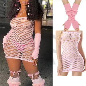 性感内衣女性身体与臂袖Lenceria色情渔网性感透视热粉色连衣裙
