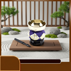 Cuenco tibetano japonés moderno de cobre de 3 pulgadas para meditación, artesanía ritual y suministros de templo, con cojín y martillo. - Product Image 1
