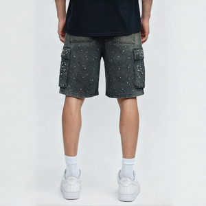 Pantalones Cortos Cargo de Mezclilla para Hombre, Verano, Cintura Ajustable con Cordón, Bolsillos Laterales Grandes, Adornados con Pedrería Brillante - Product Image 4