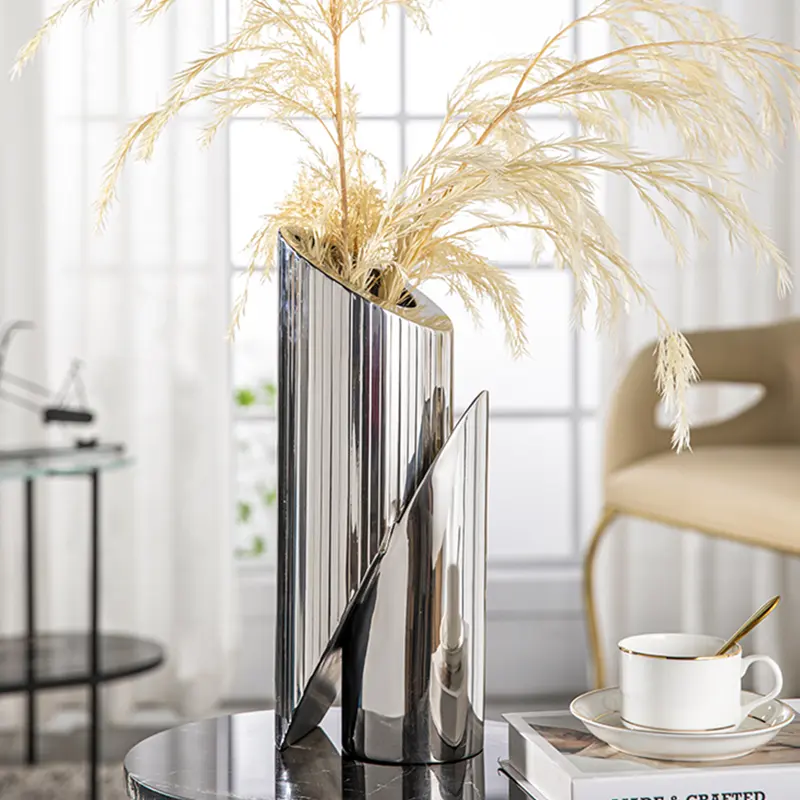 Vaso de flores personalizado de prata, vaso de aço inoxidável, leve, espelhado, decoração de casamento, hotel