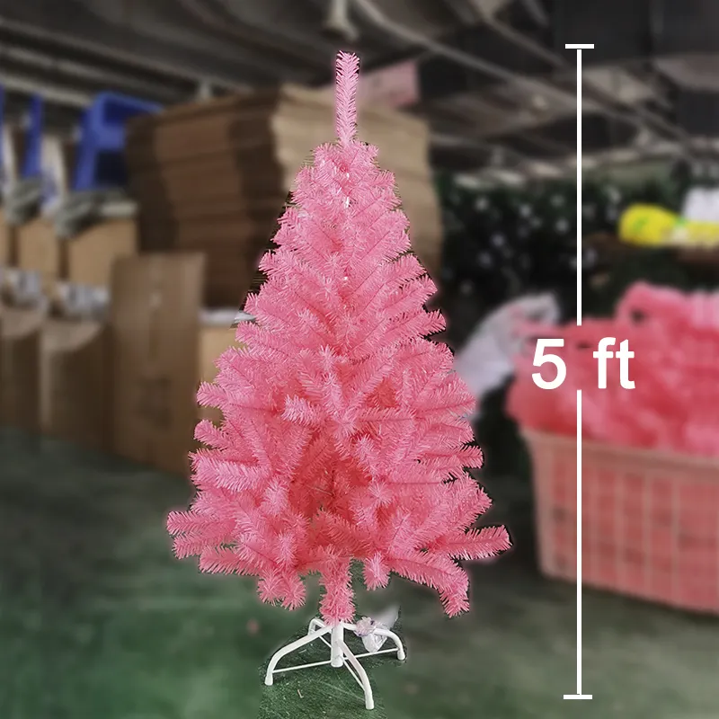 ピンクの人工クリスマスツリーヒンジ構造クリスマスツリー210cm、金属スタンド付き、100% 新しいPVC素材、クリスマスツリー