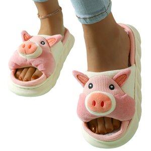 Pantoufles en lin pour femmes à imprimé animalier avec motif cochon mignon, logo personnalisé, antidérapantes, douces et confortables pour l'hiver et l'été - Product Image 1
