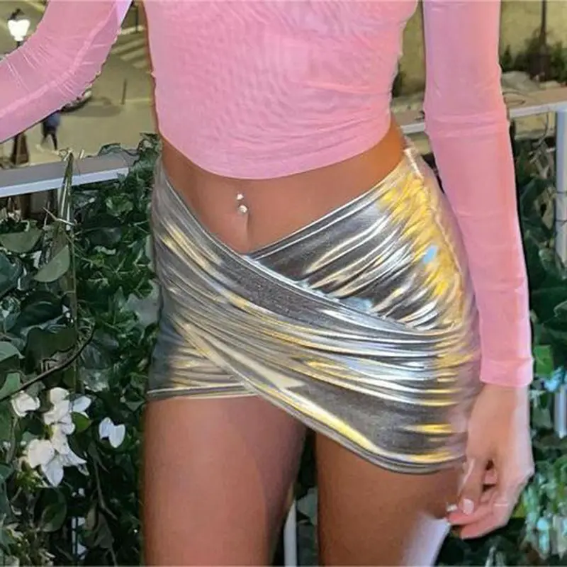 Yingchao 2023 Hot Sale Cheap Sexy Irregular Solid Shiny Pu Leather Skirt Summer Trend Skirt Dress Sexy Mini Skirt