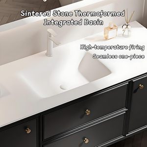 Vente en gros de meubles-lavabos noirs de style français avec miroir rétroéclairé par LED et poignées rondes dorées pour la maison et l'hôtel - Product Image 5