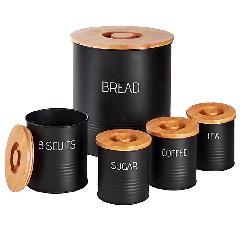 Round Shape Metal Storage Bread Bin Kitchen Biscuit Tea Coffee Tin Canister Set with Bamboo lid