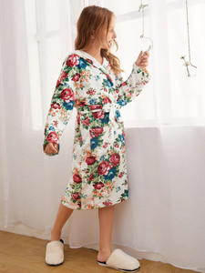 Mamá y yo hija pijamas ropa estampado Floral con capucha cinturón salón dormir Bata - Product Image 5