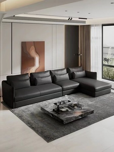 Italian Minimalist Black Jungle Leather Sofa with Top Layer Cowhide <strong>Living</strong> <strong>Room</strong> <strong>Corner</strong> Small <strong>Unit</strong> Down Row Sofa - Product Image 4