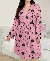 Robe de chambre côtelée à imprimé cœurs pour femme, avec ceinture, vêtement de détente, de nuit et d'intérieur décontracté, grande taille, vente en gros, personnalisable OEM