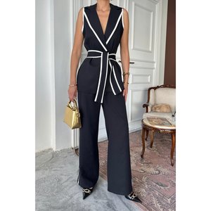 Ensemble de costume noir pour femme avec détails de passepoil, comprenant un gilet, un pantalon et une ceinture - Product Image 3