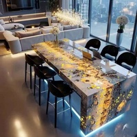 Îlot de cuisine personnalisé rétroéclairé, table à manger LED lumineuse, comptoir de bar en pierre de luxe multifonctionnel pour villa, cuisine ouverte