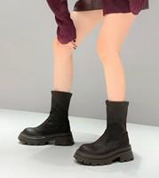 Nouvelles chaussures pour femmes d'automne, noires, à semelles épaisses, talons hauts, fermeture éclair latérale, bottes courtes élastiques couleur chair