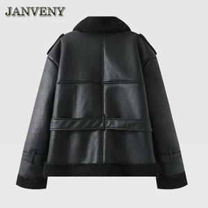 JANVENY 2025 nouveau hiver Patchwork Pu cuir veste avec <span class=keywords><strong>ceinture</strong></span> femmes col montant épaulette épaissir décontracté en peluche noir manteau - Product Image 6