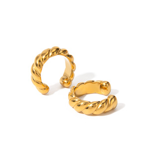 Stainless Steel Round Thread Clip On <b>Earrings</b> 18k Gold Plated Geometric Design Fashion Hoop <b>Earrings</b> - Product Image 5