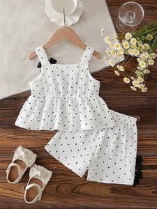 Completo Estivo Coreano da Bambina con Top a Bretelle in Cotone Gauze a Pois con Scollo Quadrato e Peplum, Dettagli Fiocco Frontale e Pantaloncini - Vendita Diretta dalla Fabbrica a Basso Prezzo - Product Image 2