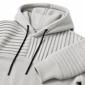 Men Heather Gray Textured Ribbed <b>Hoodie</b> with <b>Quilted</b> Shoulders and Kangaroo Pocket Modern Relaxed Fit Streetwear Sweatshirt - Product Image 5