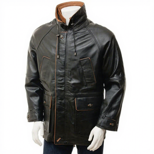Mens Real Black Leather Field <b>Jacket</b> Stand Collar Drawstring Flap Pockets <b>Sheepskin</b> Brown Trim Parka Coat Custom Winter Outer - Product Image 1