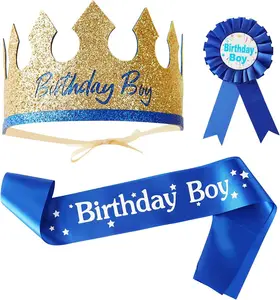 Popolare Baby Boy Birthday Crown King Hat Badge Kids Decoration Sash Set Party Sash