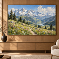 Peinture à l'huile de paysage de montagne, lac enneigé, fleurs sauvages, impressionniste, toile texturée, art mural pour la décoration du salon