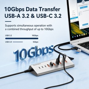 Hub in Alluminio USB-A 10Gbps e USB-C 10Gbps a 7/10 Porte per Sincronizzazione Dati, Splitter Hub USB 3.2 Tipo C con Adattatore di Alimentazione 12V/3A - Product Image 3