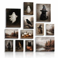 Lot de 12 tableaux décoratifs vintage d'Halloween sur toile, motifs animaux et fantômes (Citrouille, Hibou, Corbeau, Chat Noir), pour décoration intérieure