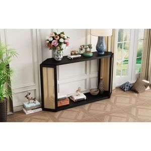 Table console DB TREXM pour villa Design unique en forme de flèche avec étagère ouverte et côté rotin pour entrée de salon (noir) - Product Image 1