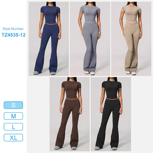 TZ4535-12 Completo Yoga da Donna: Top Aderente a Maniche Corte ad Alta Elasticità e Pantaloni a Zampa Larghi ad Asciugatura Rapida - Product Image 4