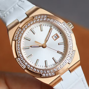 Montre sportive pour femme avec bracelet en cuir blanc, boîtier en or rose, automatique, date, nouvelle collection 2026, élégante, étanche - Product Image 1