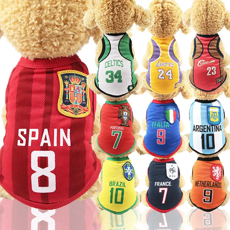 Roupas estampadas de malha para animais de estimação grandes, pequenos, pequenos cães e gatos coletes de basquete da Copa do Mundo primavera e verão