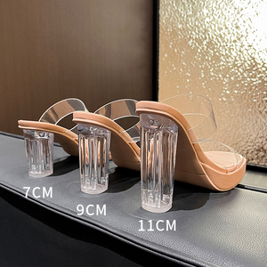 2025 New Fashionable and Sexy Square Head Women's High Heels Transparent Holiday Bar Party Transparent Women's <b>Shoes</b> - Product Image 5